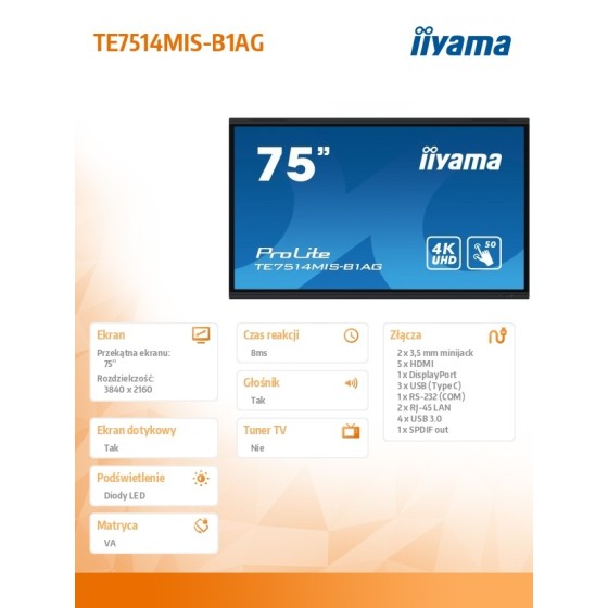 IIYAMA Monitor interaktywny 75 cali TE7514MIS-B1AG 0% VAT - dla Szkół